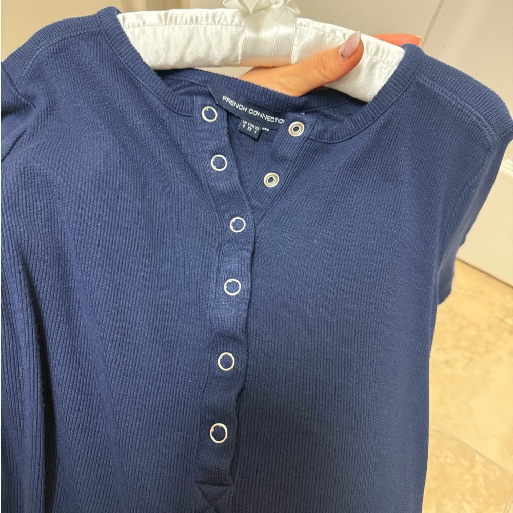 French Connection Navy Ribbed Button-Front Top - Picture 6 of 10